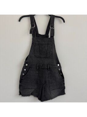 SO Women Denim Overall Shorts Distressed Raw Hem Adjustable Straps Size S